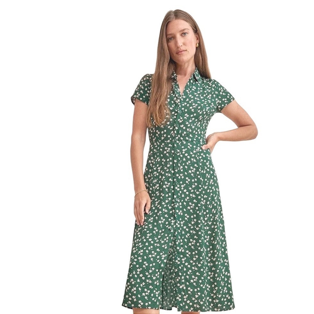 Reformation Wilma Floral Ditsy Green Midi Dress Button Front Short Sleeve Size 2
